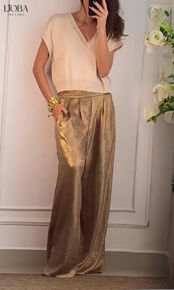 Leisha™ | Kurzes Hemd und goldene Hose Set